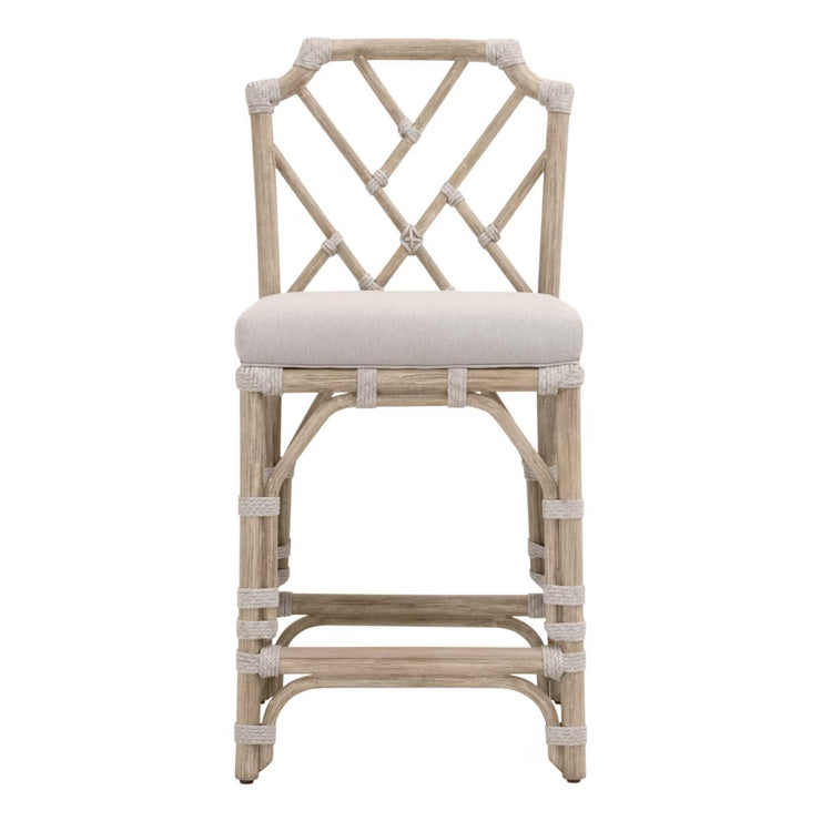 Essentials For Living Bayview Counter Stool ~ Taupe & White Flat Rope, Performance Pumice Fabric With Natural Gray Mahogany Frame