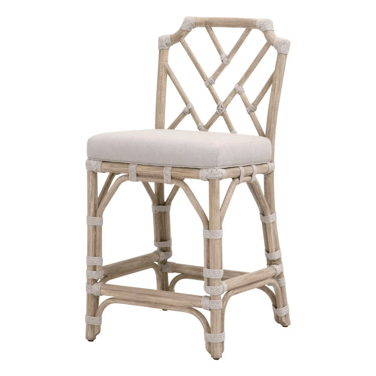 Essentials For Living Bayview Counter Stool ~ Taupe & White Flat Rope, Performance Pumice Fabric With Natural Gray Mahogany Frame