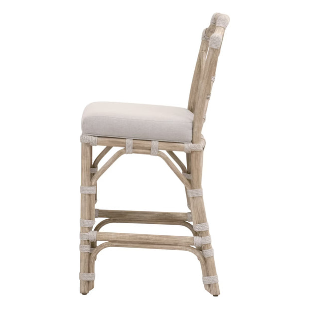 Essentials For Living Bayview Counter Stool ~ Taupe & White Flat Rope, Performance Pumice Fabric With Natural Gray Mahogany Frame