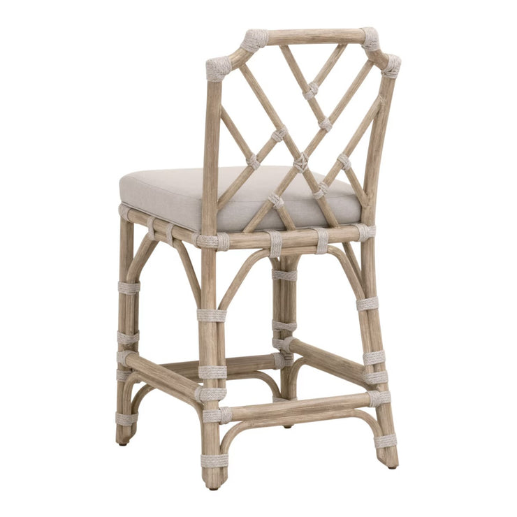 Essentials For Living Bayview Counter Stool ~ Taupe & White Flat Rope, Performance Pumice Fabric With Natural Gray Mahogany Frame