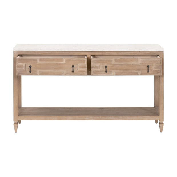 Essentials For Living Emerie 2-Drawer Console Table ~ Smoke Gray Pine, White Quartz