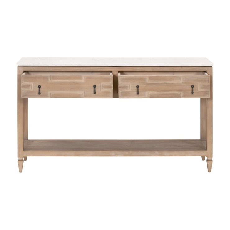 Essentials For Living Emerie 2-Drawer Console Table ~ Smoke Gray Pine, White Quartz