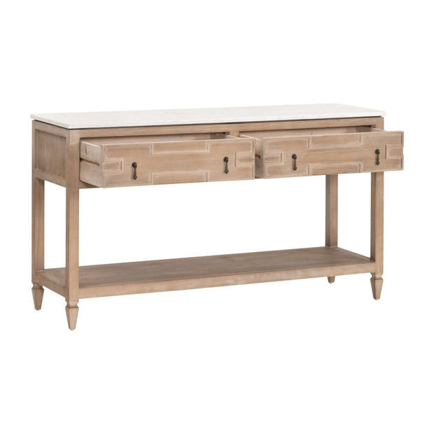 Essentials For Living Emerie 2-Drawer Console Table ~ Smoke Gray Pine, White Quartz