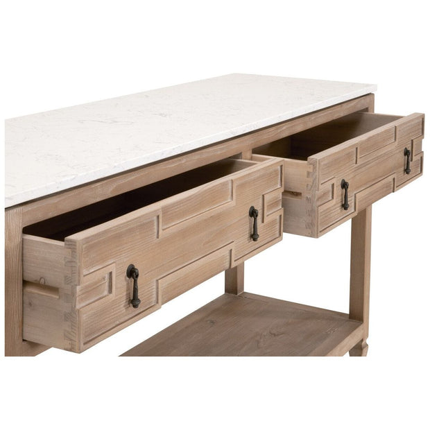 Essentials For Living Emerie 2-Drawer Console Table ~ Smoke Gray Pine, White Quartz