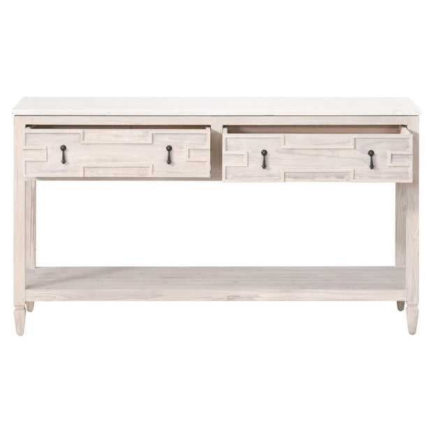 Essentials For Living Emerie 2-Drawer Console Table ~ White Wash Pine, White Quartz
