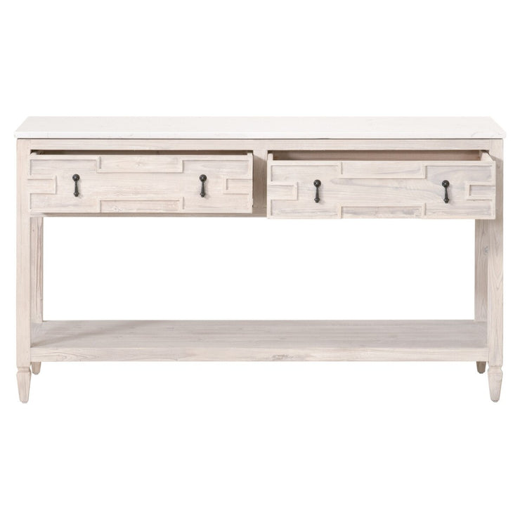 Essentials For Living Emerie 2-Drawer Console Table ~ White Wash Pine, White Quartz