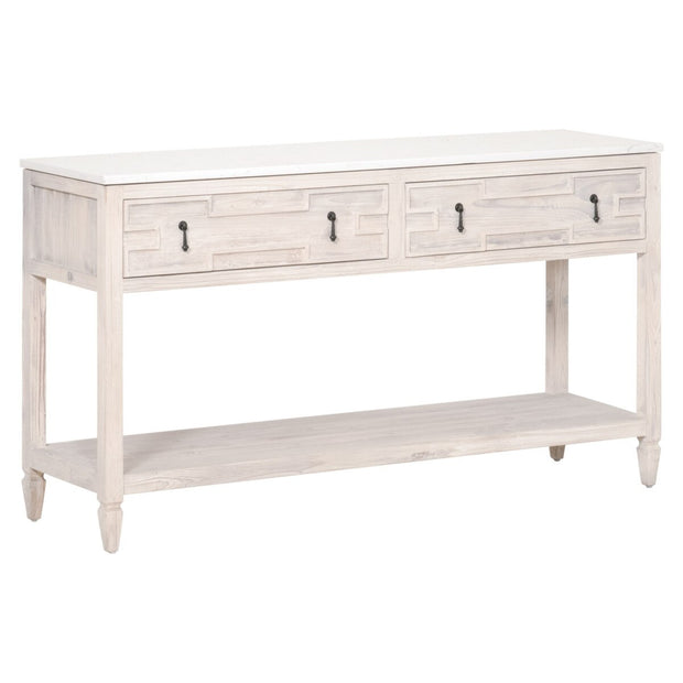 Essentials For Living Emerie 2-Drawer Console Table ~ White Wash Pine, White Quartz