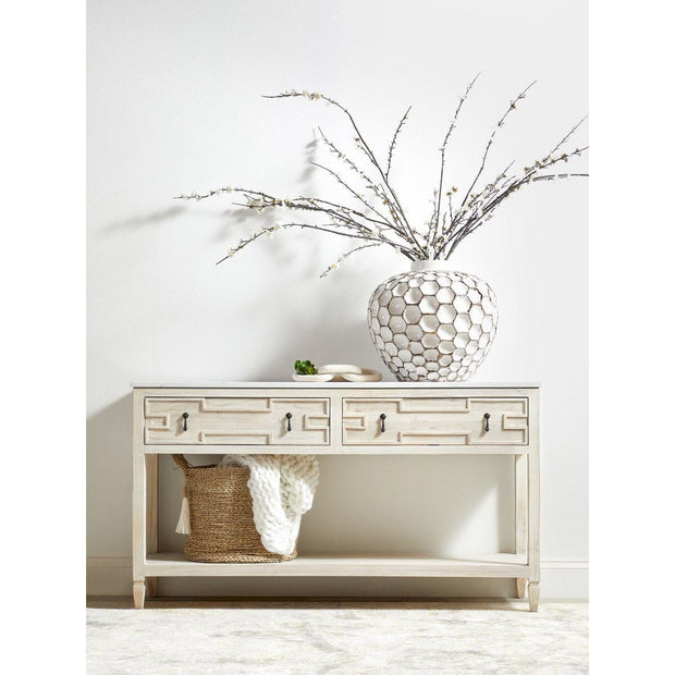 Essentials For Living Emerie 2-Drawer Console Table ~ White Wash Pine, White Quartz