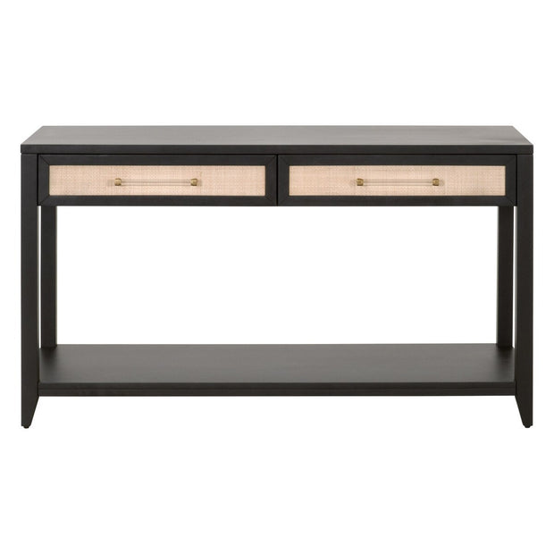 Essentials For Living Holland 2-Drawer Console Table ~ Brushed Black Acacia, Natural Rattan