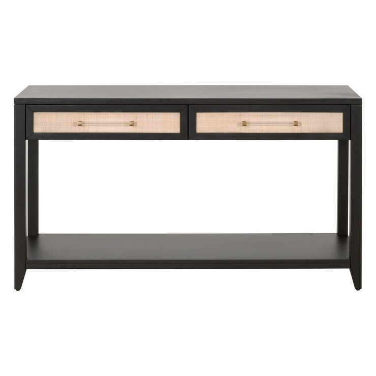 Essentials For Living Holland 2-Drawer Console Table ~ Brushed Black Acacia, Natural Rattan