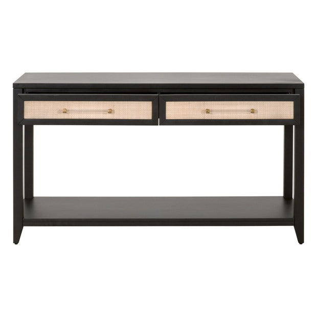 Essentials For Living Holland 2-Drawer Console Table ~ Brushed Black Acacia, Natural Rattan