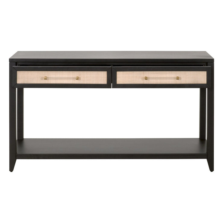 Essentials For Living Holland 2-Drawer Console Table ~ Brushed Black Acacia, Natural Rattan