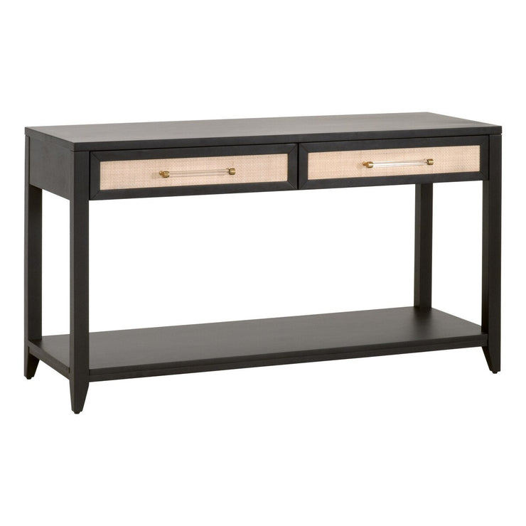 Essentials For Living Holland 2-Drawer Console Table ~ Brushed Black Acacia, Natural Rattan
