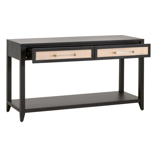 Essentials For Living Holland 2-Drawer Console Table ~ Brushed Black Acacia, Natural Rattan