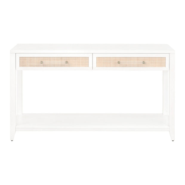 Essentials For Living Holland 2-Drawer Console Table ~ Matte White, Natural Rattan