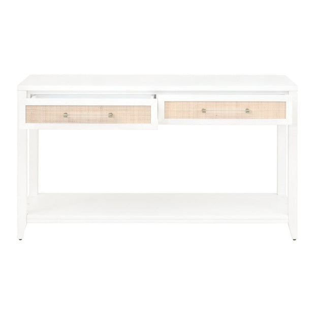 Essentials For Living Holland 2-Drawer Console Table ~ Matte White, Natural Rattan