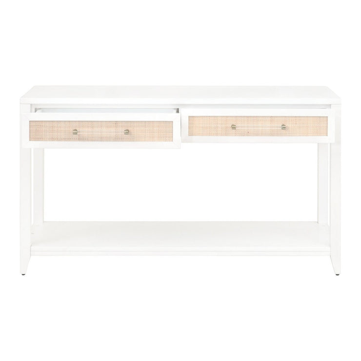 Essentials For Living Holland 2-Drawer Console Table ~ Matte White, Natural Rattan