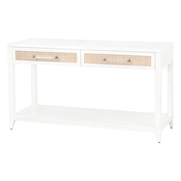 Essentials For Living Holland 2-Drawer Console Table ~ Matte White, Natural Rattan