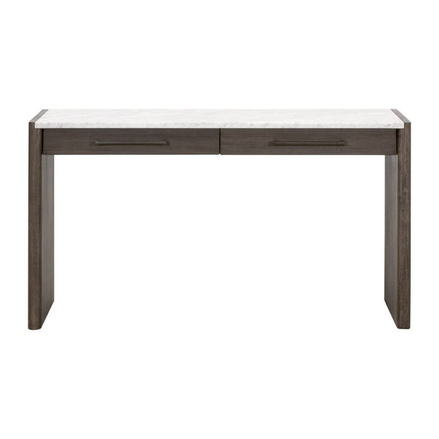 Essentials For Living Linnea 2-Drawer Console Table ~ White Carrera Marble, Burnished Brown Acacia
