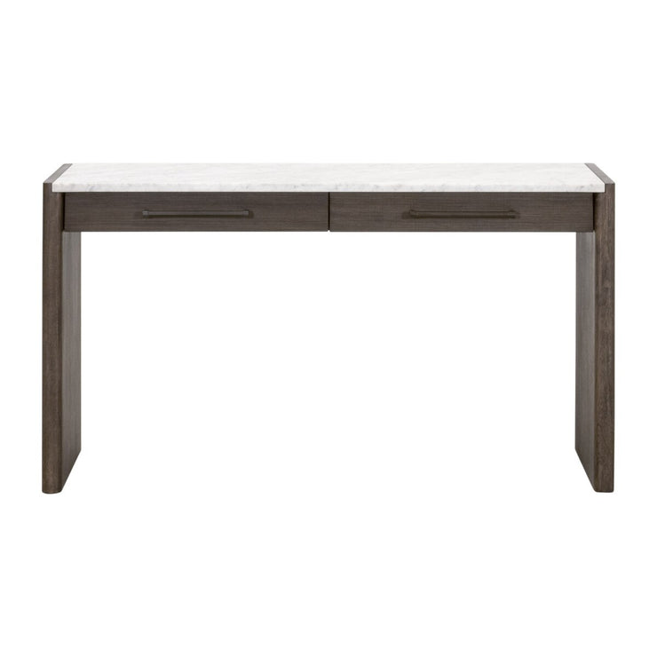 Essentials For Living Linnea 2-Drawer Console Table ~ White Carrera Marble, Burnished Brown Acacia