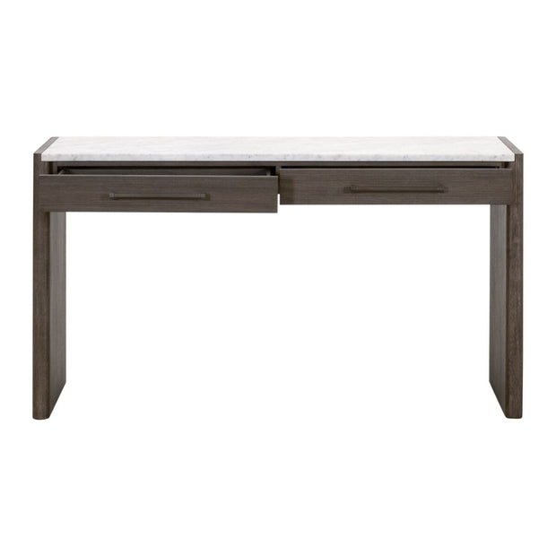 Essentials For Living Linnea 2-Drawer Console Table ~ White Carrera Marble, Burnished Brown Acacia