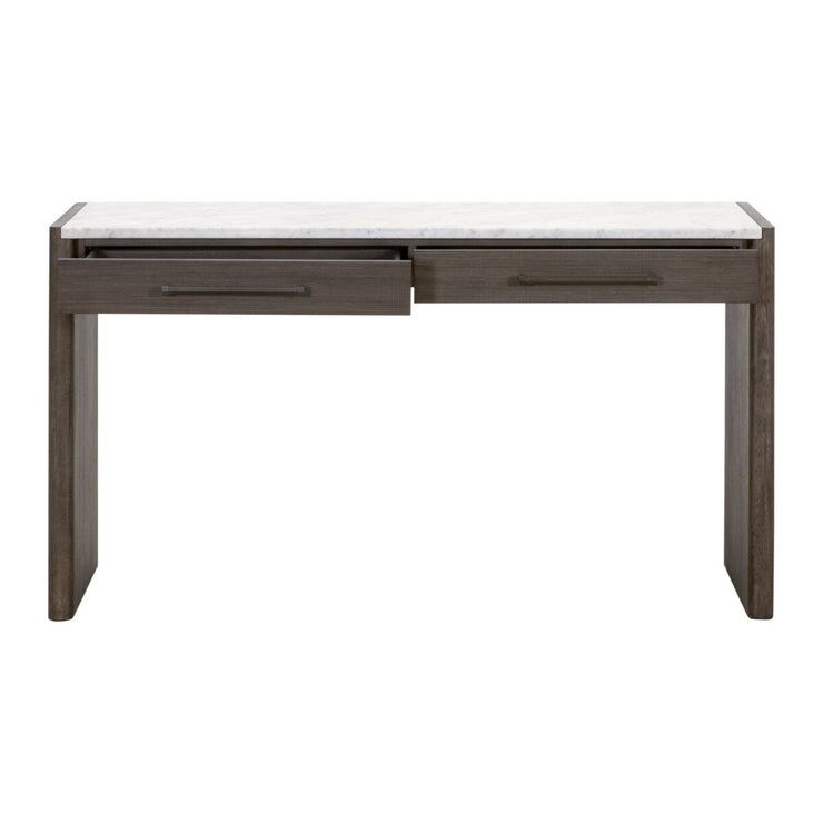 Essentials For Living Linnea 2-Drawer Console Table ~ White Carrera Marble, Burnished Brown Acacia