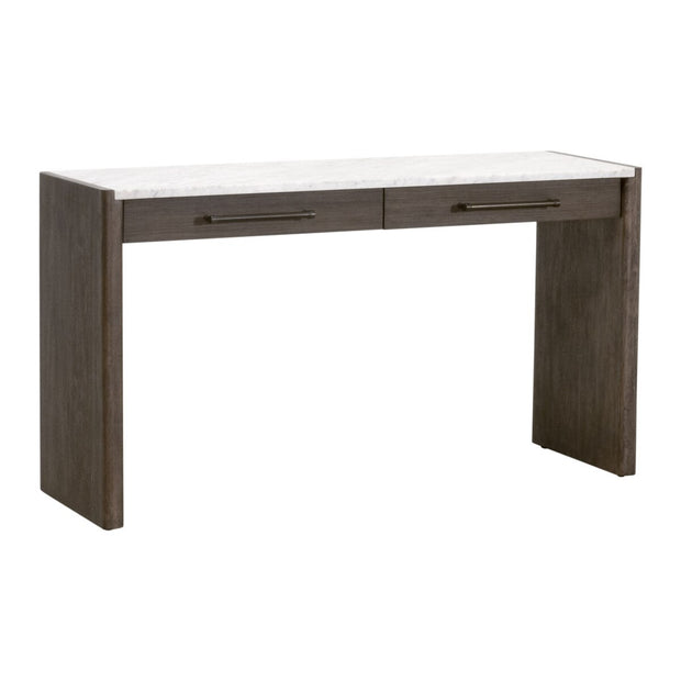 Essentials For Living Linnea 2-Drawer Console Table ~ White Carrera Marble, Burnished Brown Acacia