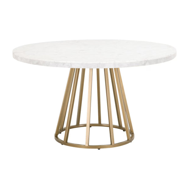 Essentials For Living Turino Round Dining Table ~ White Carrera Marble Top With Brushed Gold Base