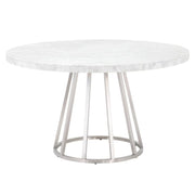 Essentials For Living Turino Round Dining Table ~ White Carrera Marble Top With Brushed Stainless Steel Base