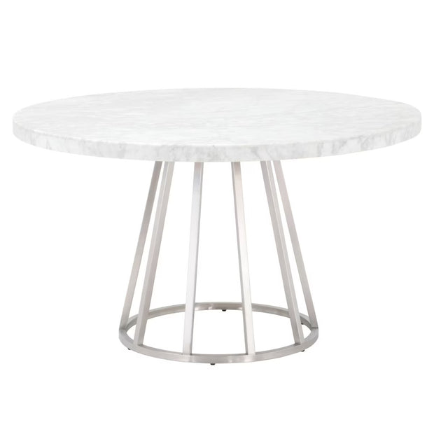 Essentials For Living Turino Round Dining Table ~ White Carrera Marble Top With Brushed Stainless Steel Base