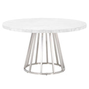 Essentials For Living Turino Round Dining Table ~ White Carrera Marble Top With Brushed Stainless Steel Base