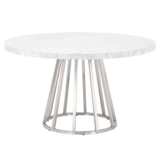 Essentials For Living Turino Round Dining Table ~ White Carrera Marble Top With Brushed Stainless Steel Base