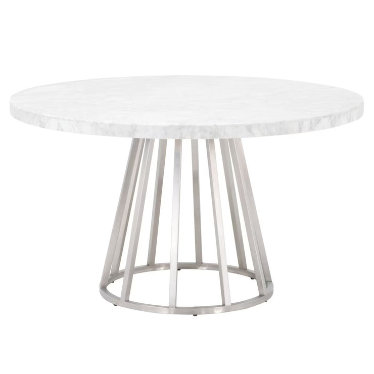 Essentials For Living Turino Round Dining Table ~ White Carrera Marble Top With Brushed Stainless Steel Base