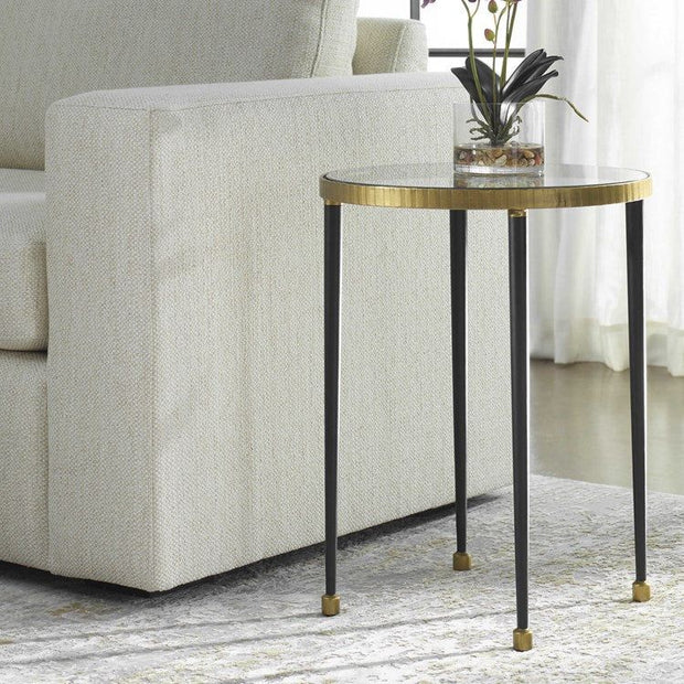Uttermost Stiletto Glass Top With Antiqued Gold and Black Base End Table