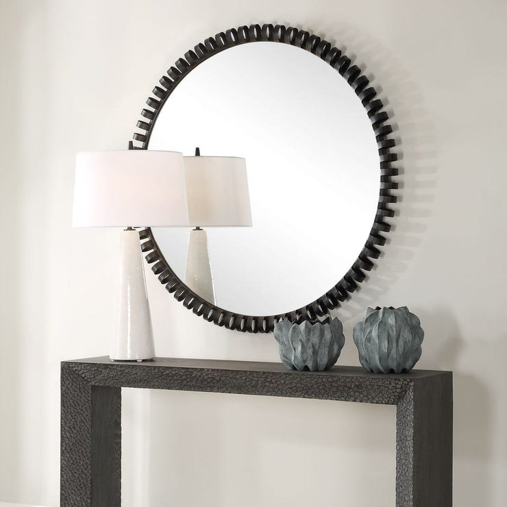 Uttermost Corona Satin Black Iron Round Mirror