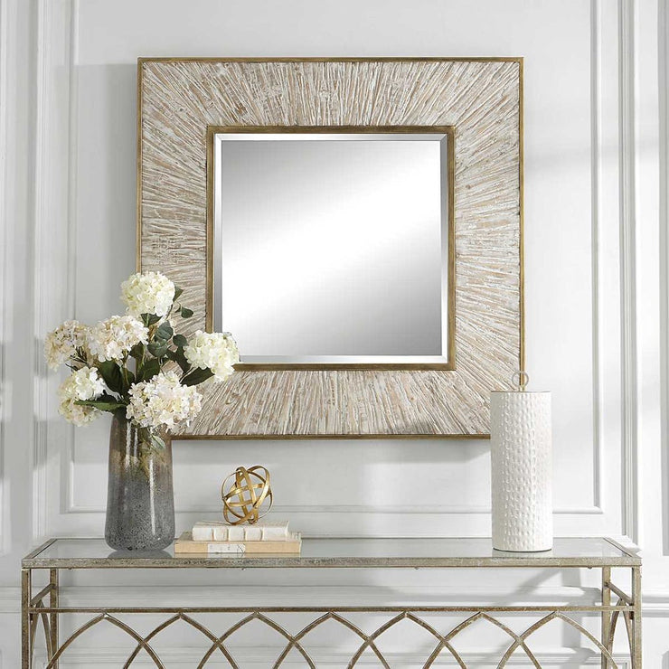 Uttermost Wharton Aged Gold With Whitewashed Wood Square Mirror