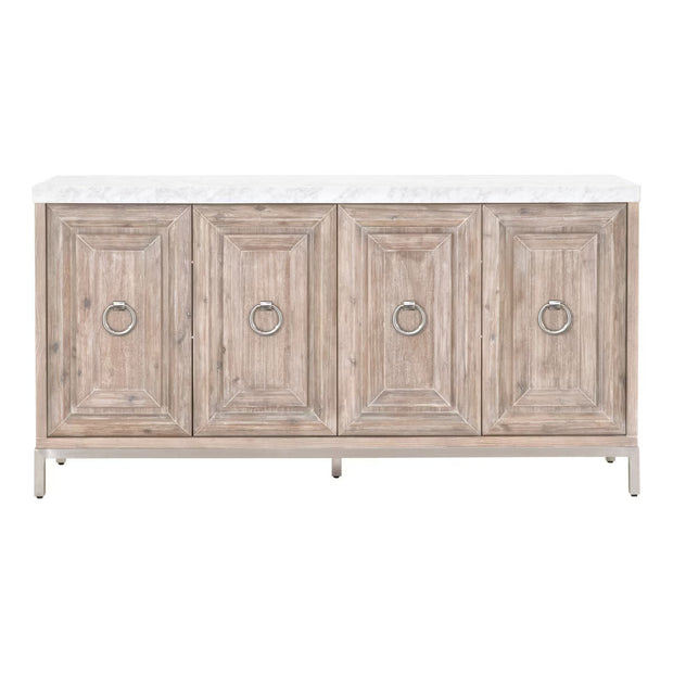 Essentials For Living Azure Carrera  White Carrera Marble, Natural Gray Acacia With Brushed Stainless Steel Media Sideboard
