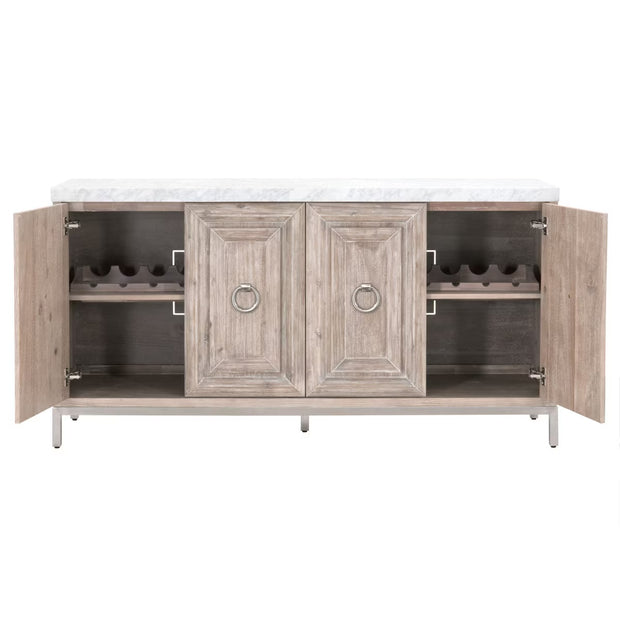 Essentials For Living Azure Carrera  White Carrera Marble, Natural Gray Acacia With Brushed Stainless Steel Media Sideboard