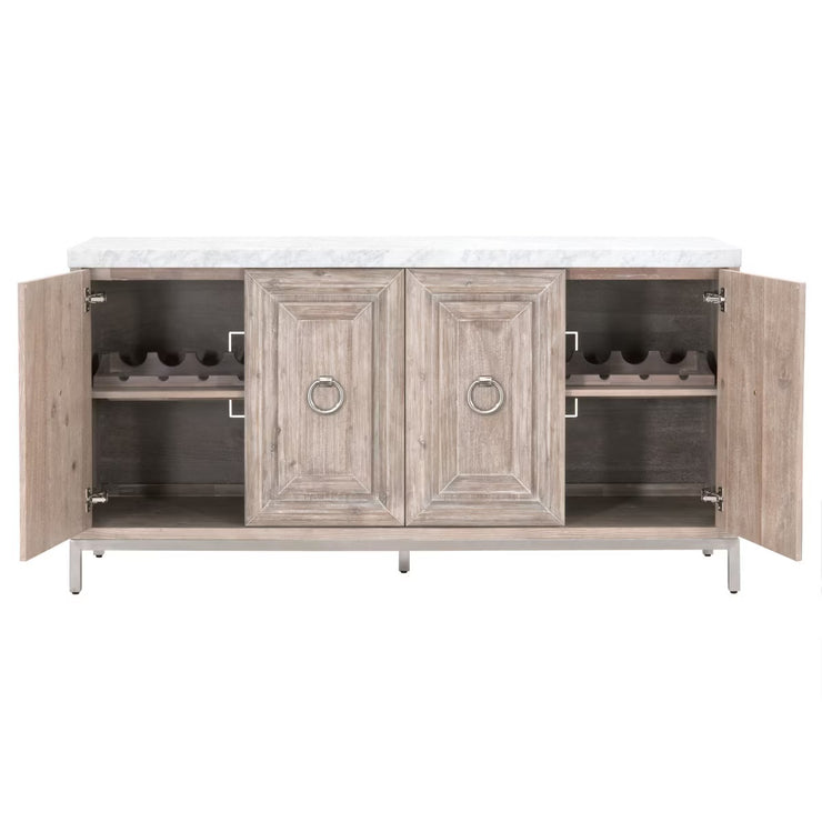 Essentials For Living Azure Carrera  White Carrera Marble, Natural Gray Acacia With Brushed Stainless Steel Media Sideboard