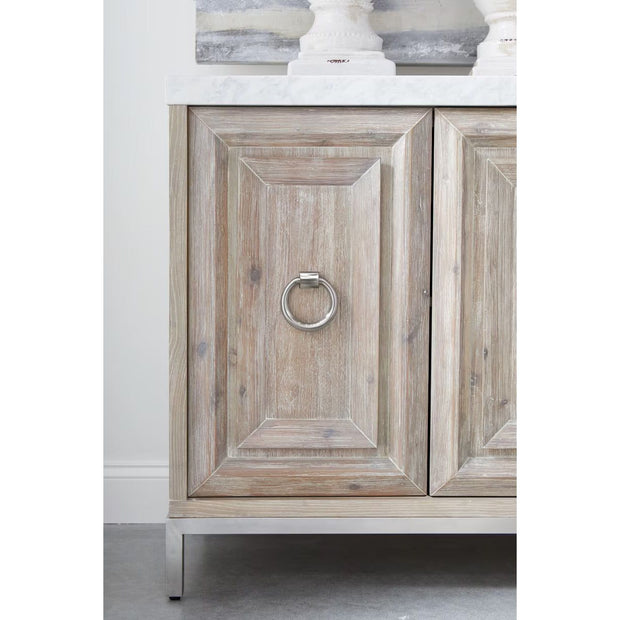 Essentials For Living Azure Carrera  White Carrera Marble, Natural Gray Acacia With Brushed Stainless Steel Media Sideboard