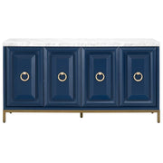 Essentials For Living Azure Carrera White Carrera Marble, Navy Blue With Brushed Gold Media Sideboard