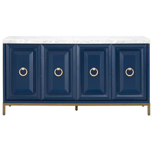 Essentials For Living Azure Carrera White Carrera Marble, Navy Blue With Brushed Gold Media Sideboard