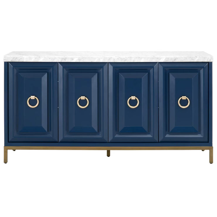 Essentials For Living Azure Carrera White Carrera Marble, Navy Blue With Brushed Gold Media Sideboard