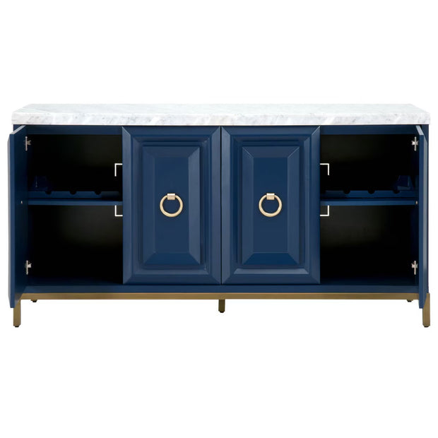 Essentials For Living Azure Carrera White Carrera Marble, Navy Blue With Brushed Gold Media Sideboard