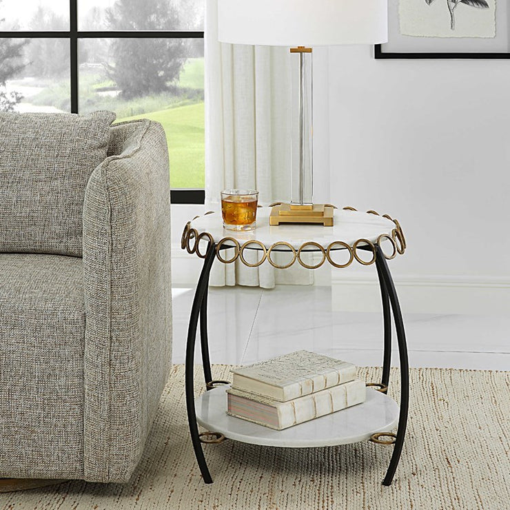Uttermost Chainlink White Marble Top With Matte Black Iron Base Round Table
