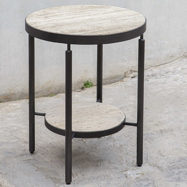 Uttermost Dauntless Travertine Top With Matte Black Base Round Side Table