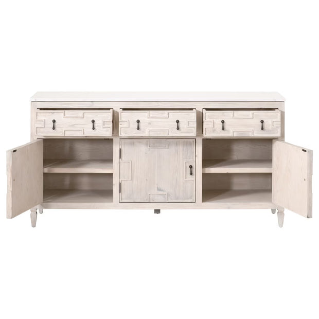 Essentials For Living Emerie White Wash Pine With White Quartz Media Sideboard