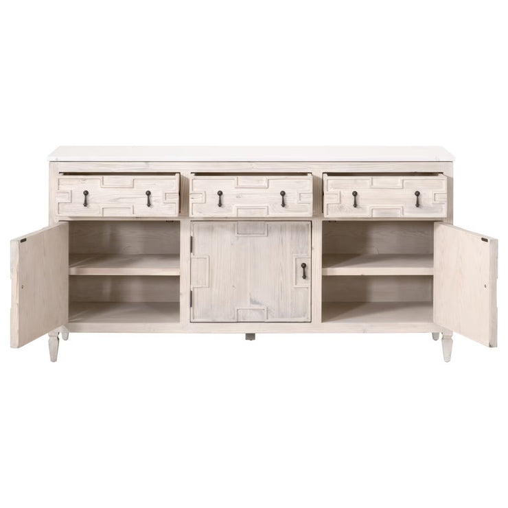 Essentials For Living Emerie White Wash Pine With White Quartz Media Sideboard