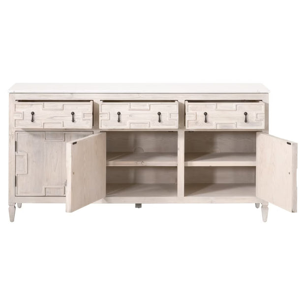 Essentials For Living Emerie White Wash Pine With White Quartz Media Sideboard