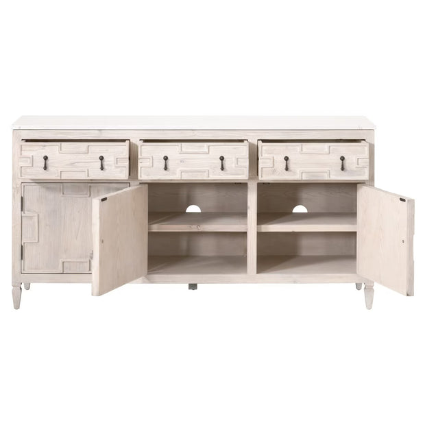 Essentials For Living Emerie White Wash Pine With White Quartz Media Sideboard